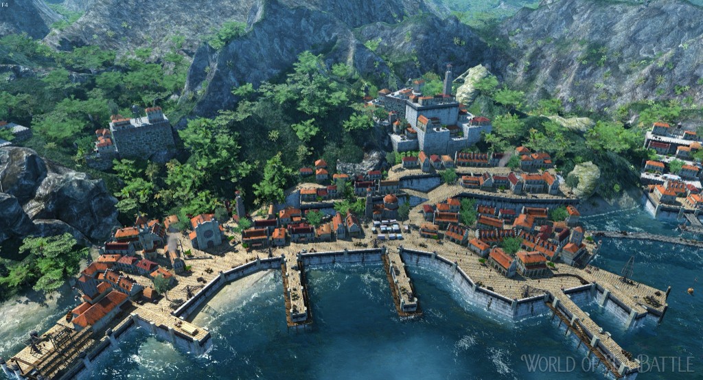 Coastal harbour city in World of Sea Battle with docks and fortifications